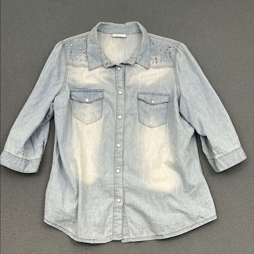Yessica Studded Light Blue Denim Shirt | Size 18 (AU 46) | Button-Down